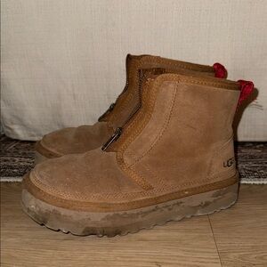 UGG Tan Suede Boots with Red Pull Tabs